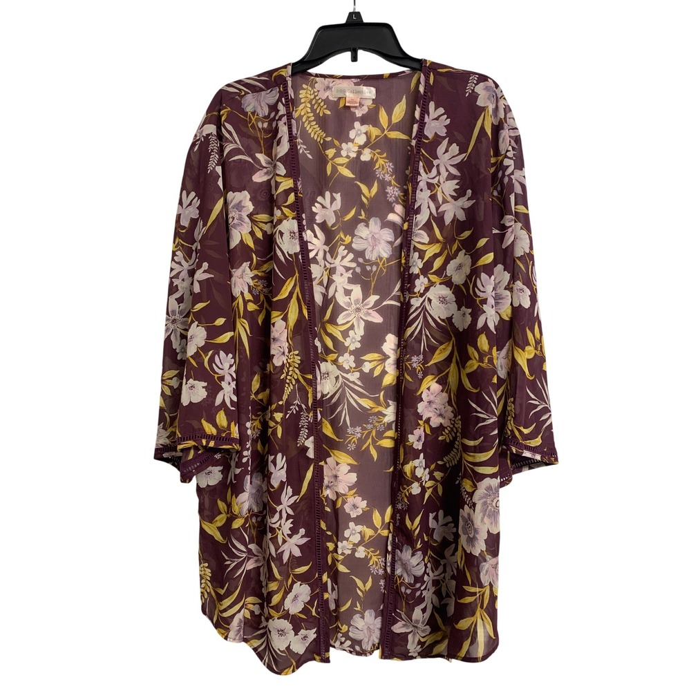 BOG Collective Burgundy Floral Chiffon‎ Kimono Crochet Trim Open Front M/L